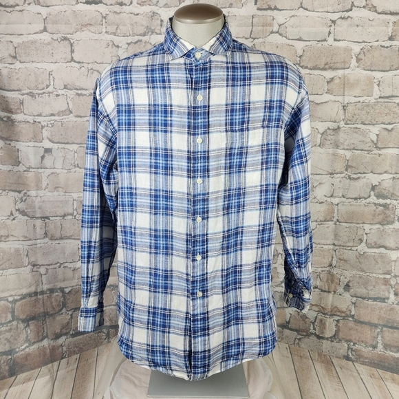 Brooks Brothers Irish Flax Linen Plaid Button Front Shirt Blue Cream Size Large - Picture 2 of 12